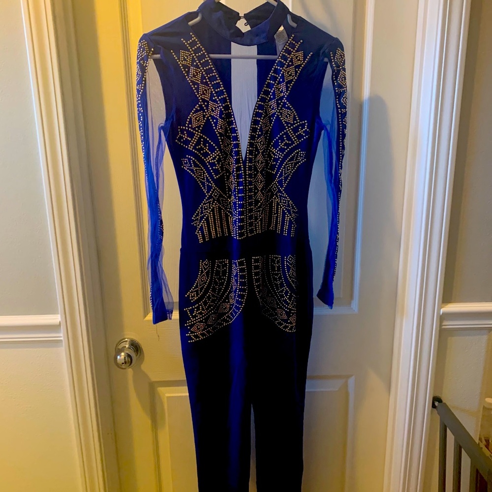 Fitted sheer blue pant suit with embellishments